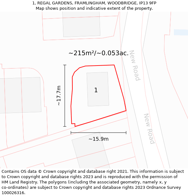 1, REGAL GARDENS, FRAMLINGHAM, WOODBRIDGE, IP13 9FP: Plot and title map