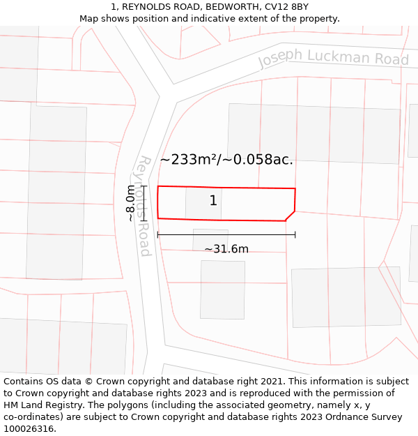 1, REYNOLDS ROAD, BEDWORTH, CV12 8BY: Plot and title map