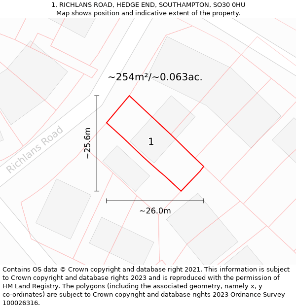 1, RICHLANS ROAD, HEDGE END, SOUTHAMPTON, SO30 0HU: Plot and title map