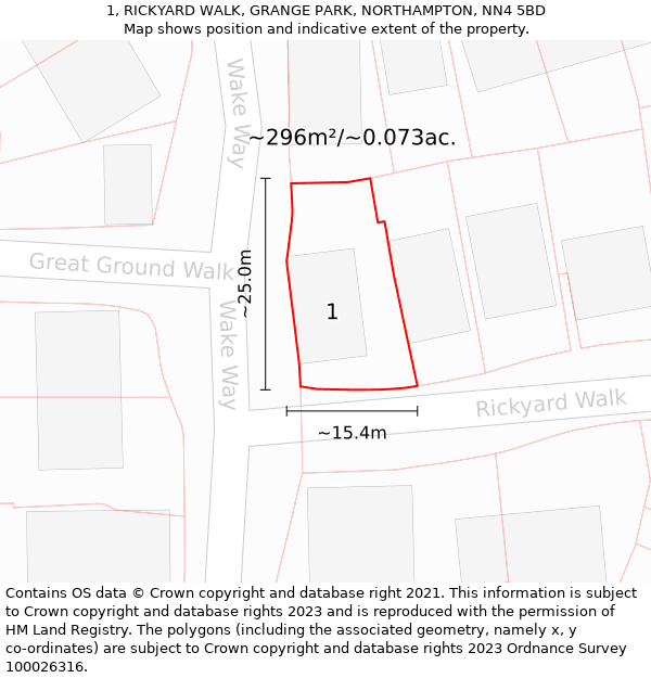1, RICKYARD WALK, GRANGE PARK, NORTHAMPTON, NN4 5BD: Plot and title map