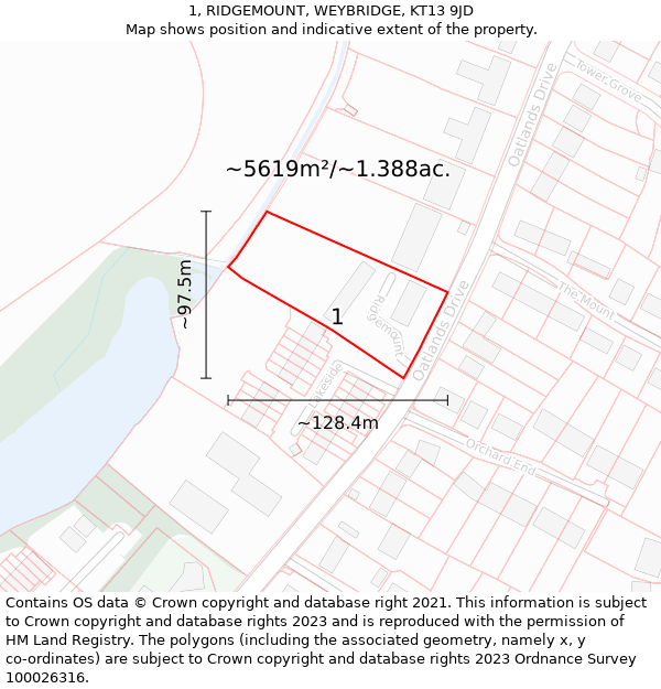 1, RIDGEMOUNT, WEYBRIDGE, KT13 9JD: Plot and title map