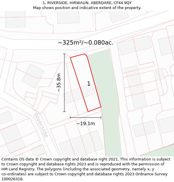 1, RIVERSIDE, HIRWAUN, ABERDARE, CF44 9QY: Plot and title map