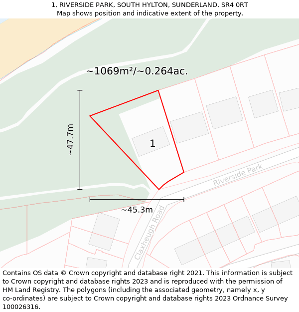 1, RIVERSIDE PARK, SOUTH HYLTON, SUNDERLAND, SR4 0RT: Plot and title map