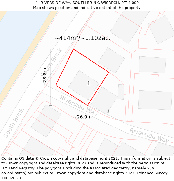 1, RIVERSIDE WAY, SOUTH BRINK, WISBECH, PE14 0SP: Plot and title map