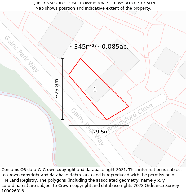 1, ROBINSFORD CLOSE, BOWBROOK, SHREWSBURY, SY3 5HN: Plot and title map