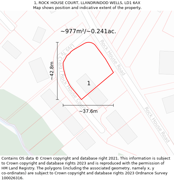 1, ROCK HOUSE COURT, LLANDRINDOD WELLS, LD1 6AX: Plot and title map