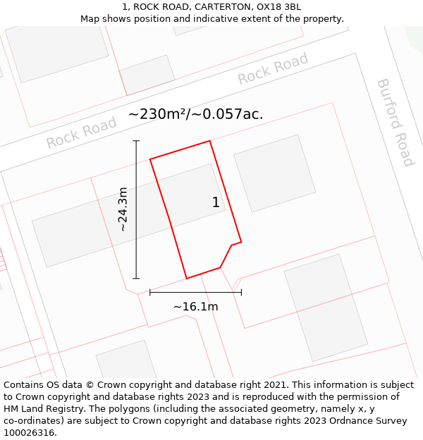 1, ROCK ROAD, CARTERTON, OX18 3BL: Plot and title map