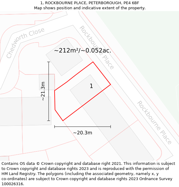 1, ROCKBOURNE PLACE, PETERBOROUGH, PE4 6BF: Plot and title map