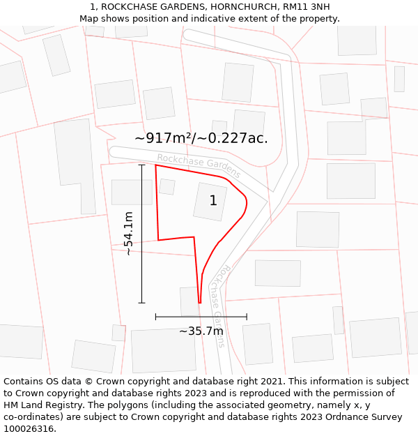 1, ROCKCHASE GARDENS, HORNCHURCH, RM11 3NH: Plot and title map