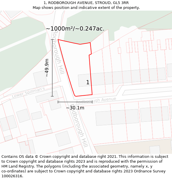 1, RODBOROUGH AVENUE, STROUD, GL5 3RR: Plot and title map