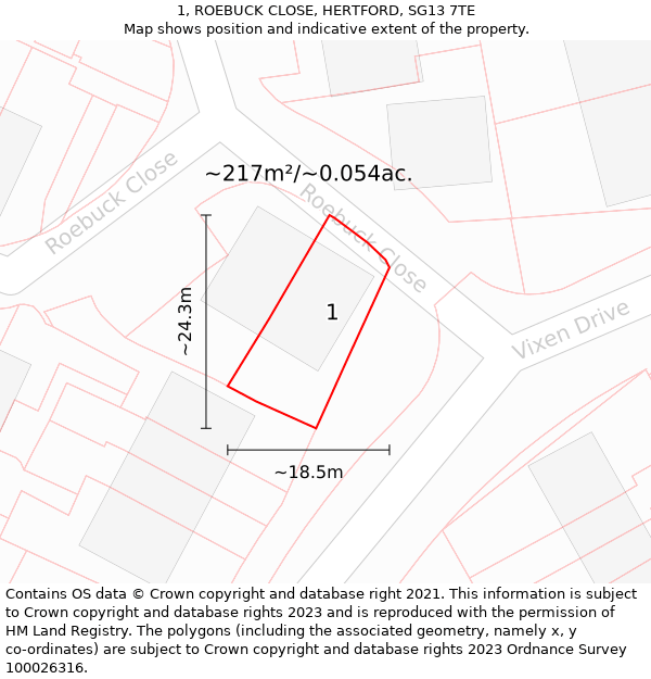 1, ROEBUCK CLOSE, HERTFORD, SG13 7TE: Plot and title map