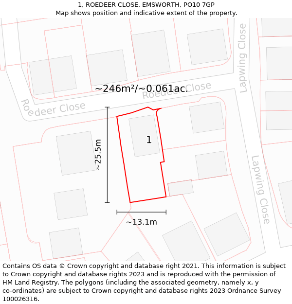 1, ROEDEER CLOSE, EMSWORTH, PO10 7GP: Plot and title map