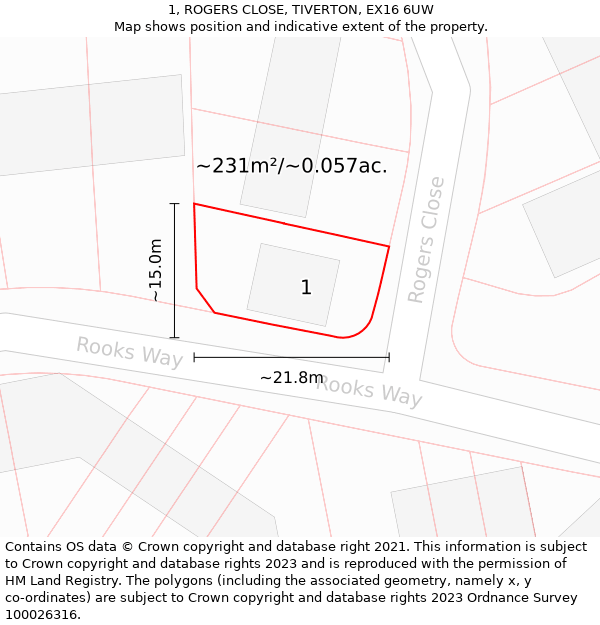 1, ROGERS CLOSE, TIVERTON, EX16 6UW: Plot and title map