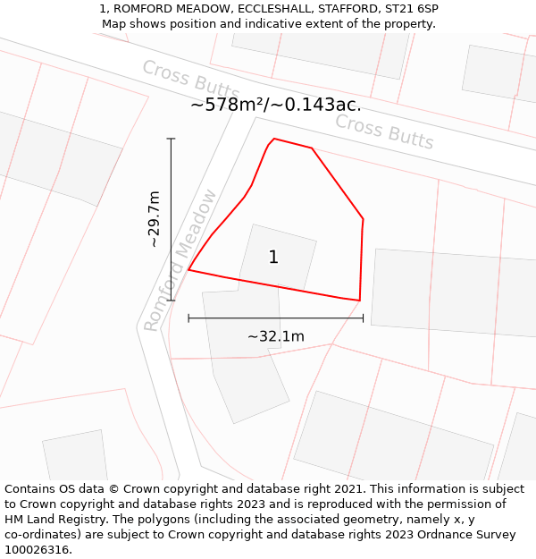 1, ROMFORD MEADOW, ECCLESHALL, STAFFORD, ST21 6SP: Plot and title map