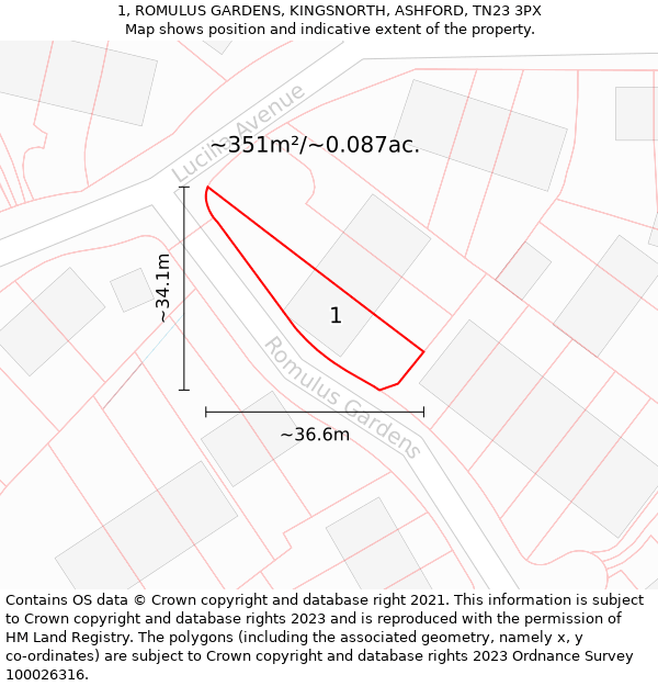 1, ROMULUS GARDENS, KINGSNORTH, ASHFORD, TN23 3PX: Plot and title map