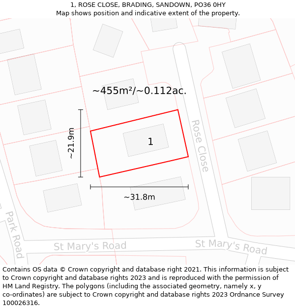 1, ROSE CLOSE, BRADING, SANDOWN, PO36 0HY: Plot and title map