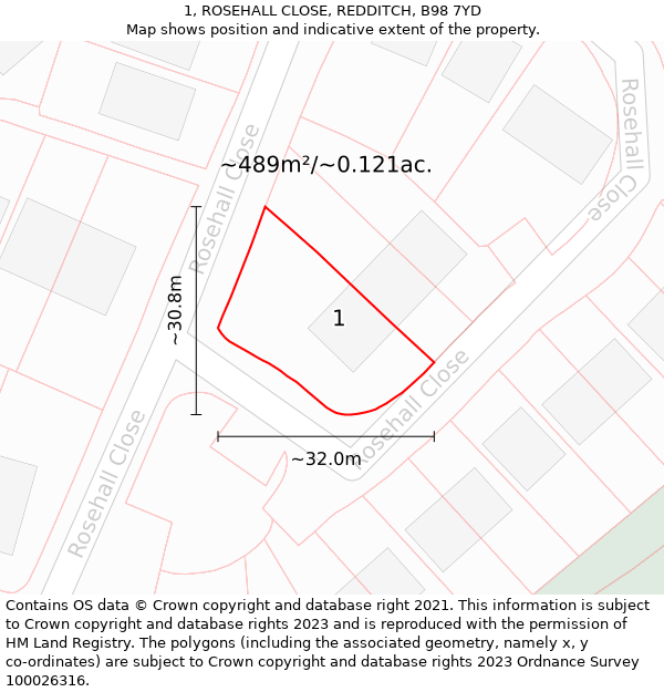 1, ROSEHALL CLOSE, REDDITCH, B98 7YD: Plot and title map