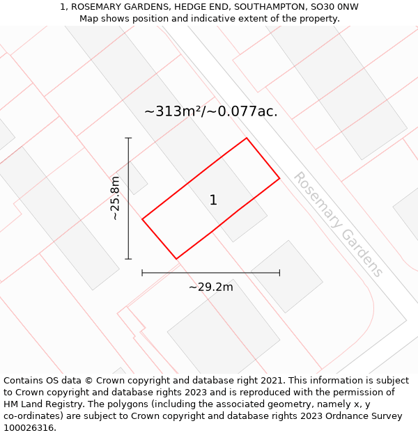 1, ROSEMARY GARDENS, HEDGE END, SOUTHAMPTON, SO30 0NW: Plot and title map