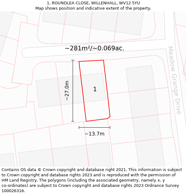 1, ROUNDLEA CLOSE, WILLENHALL, WV12 5YU: Plot and title map