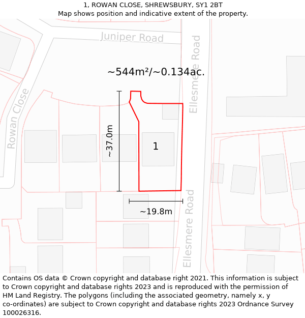 1, ROWAN CLOSE, SHREWSBURY, SY1 2BT: Plot and title map