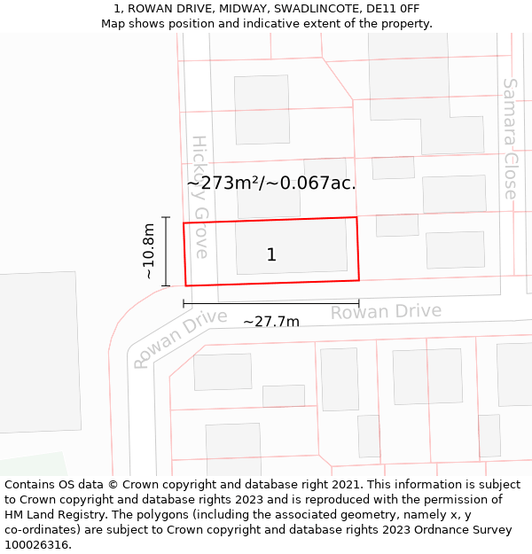 1, ROWAN DRIVE, MIDWAY, SWADLINCOTE, DE11 0FF: Plot and title map