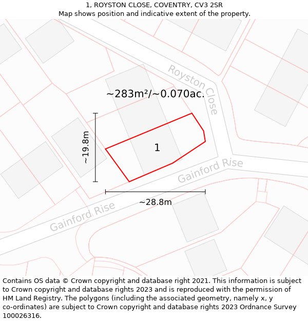 1, ROYSTON CLOSE, COVENTRY, CV3 2SR: Plot and title map