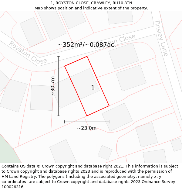 1, ROYSTON CLOSE, CRAWLEY, RH10 8TN: Plot and title map