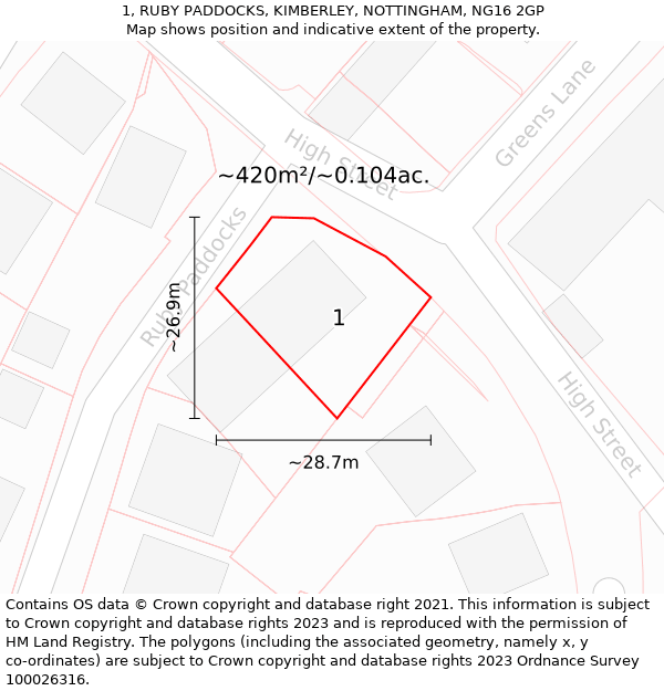 1, RUBY PADDOCKS, KIMBERLEY, NOTTINGHAM, NG16 2GP: Plot and title map