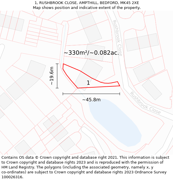 1, RUSHBROOK CLOSE, AMPTHILL, BEDFORD, MK45 2XE: Plot and title map