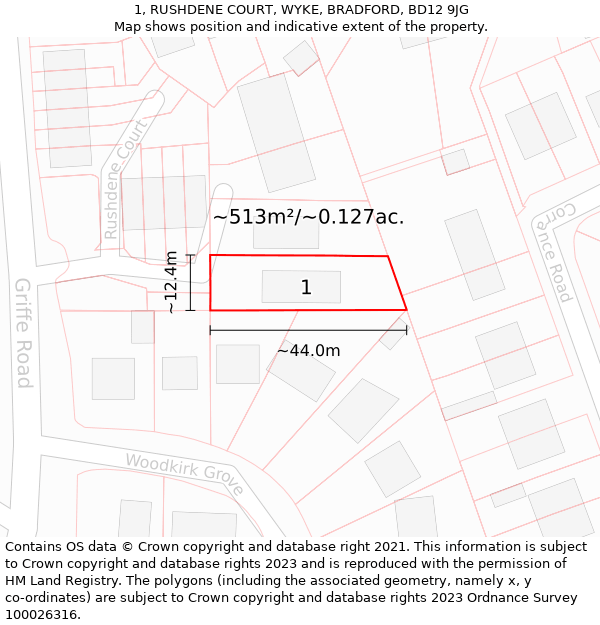 1, RUSHDENE COURT, WYKE, BRADFORD, BD12 9JG: Plot and title map