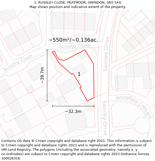 1, RUSSLEY CLOSE, PEATMOOR, SWINDON, SN5 5AG: Plot and title map