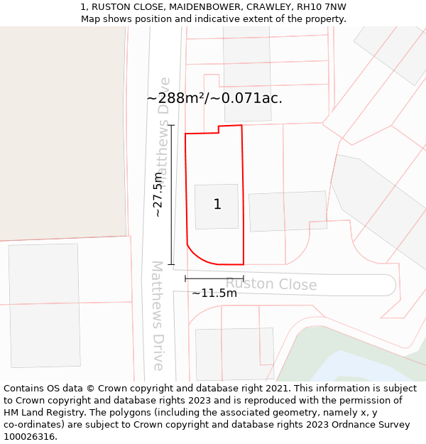 1, RUSTON CLOSE, MAIDENBOWER, CRAWLEY, RH10 7NW: Plot and title map