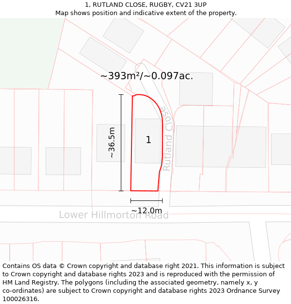 1, RUTLAND CLOSE, RUGBY, CV21 3UP: Plot and title map