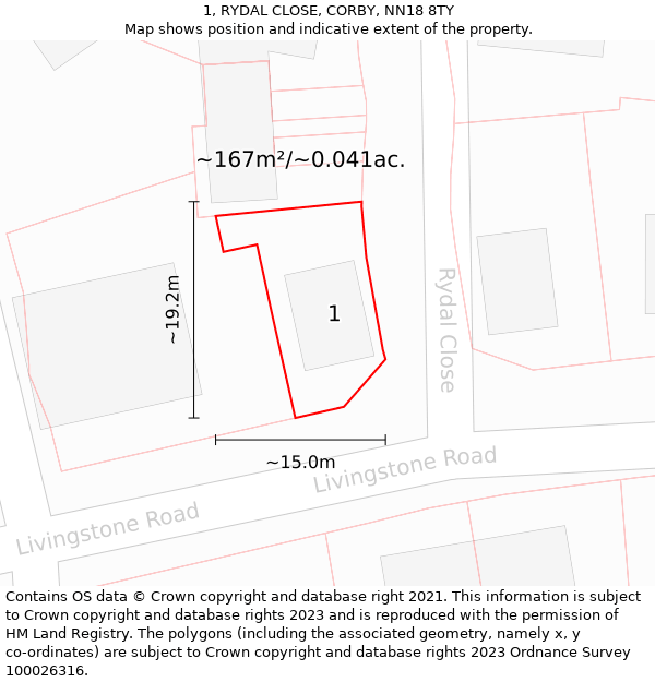 1, RYDAL CLOSE, CORBY, NN18 8TY: Plot and title map