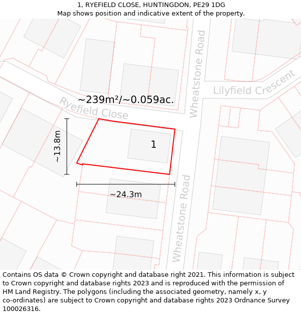 1, RYEFIELD CLOSE, HUNTINGDON, PE29 1DG: Plot and title map