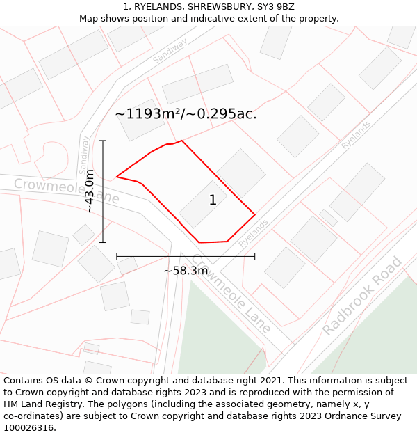 1, RYELANDS, SHREWSBURY, SY3 9BZ: Plot and title map