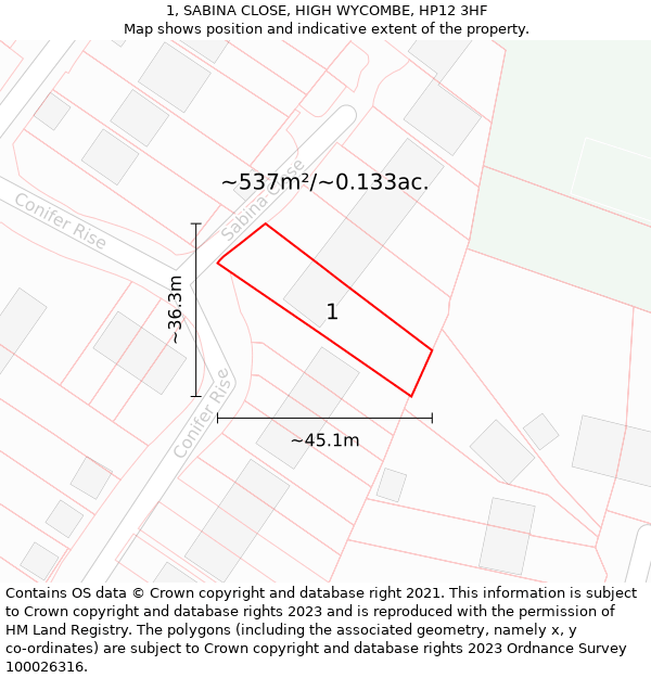 1, SABINA CLOSE, HIGH WYCOMBE, HP12 3HF: Plot and title map