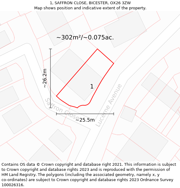 1, SAFFRON CLOSE, BICESTER, OX26 3ZW: Plot and title map