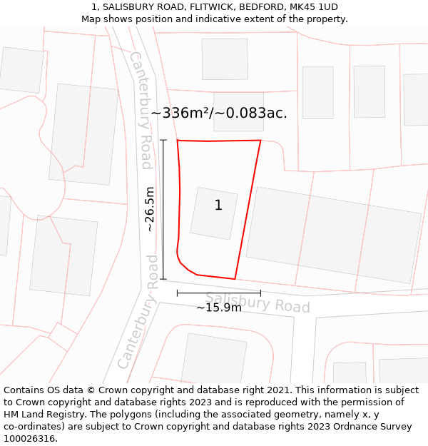 1, SALISBURY ROAD, FLITWICK, BEDFORD, MK45 1UD: Plot and title map