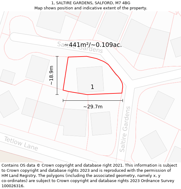 1, SALTIRE GARDENS, SALFORD, M7 4BG: Plot and title map