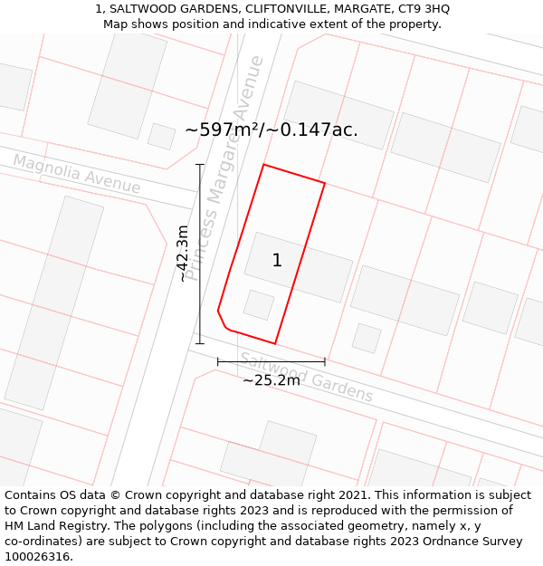 1, SALTWOOD GARDENS, CLIFTONVILLE, MARGATE, CT9 3HQ: Plot and title map