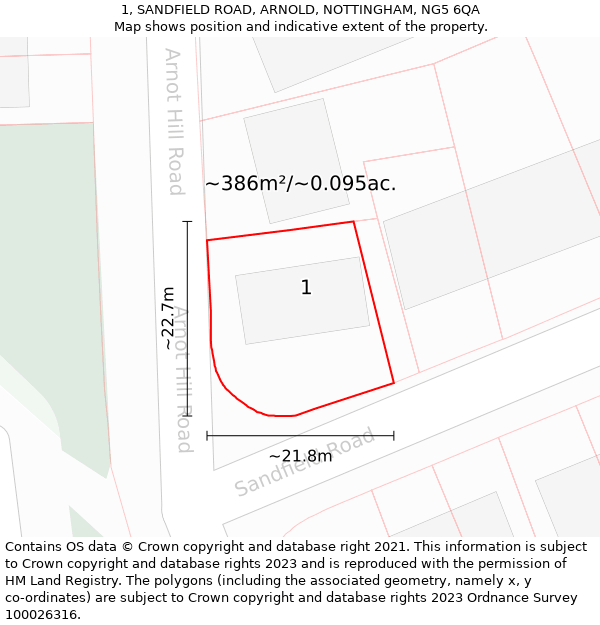 1, SANDFIELD ROAD, ARNOLD, NOTTINGHAM, NG5 6QA: Plot and title map