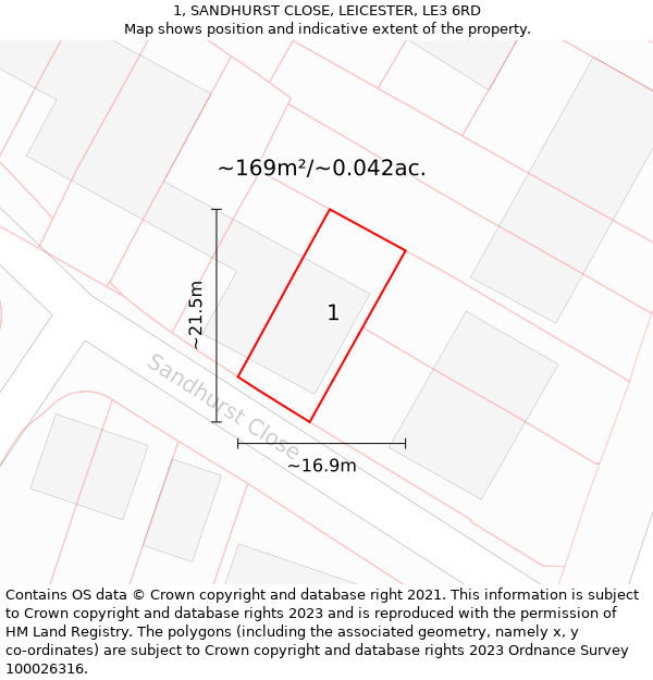 1, SANDHURST CLOSE, LEICESTER, LE3 6RD: Plot and title map