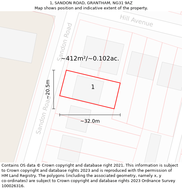 1, SANDON ROAD, GRANTHAM, NG31 9AZ: Plot and title map