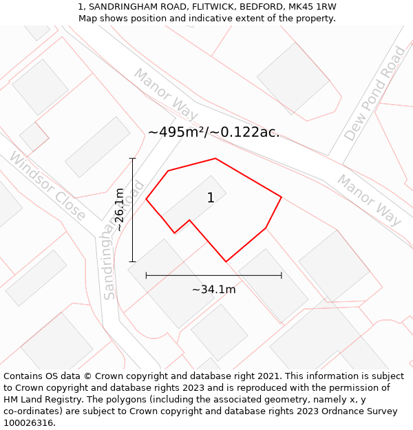 1, SANDRINGHAM ROAD, FLITWICK, BEDFORD, MK45 1RW: Plot and title map