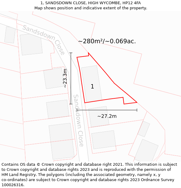 1, SANDSDOWN CLOSE, HIGH WYCOMBE, HP12 4FA: Plot and title map