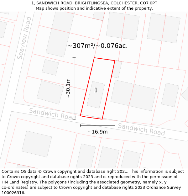 1, SANDWICH ROAD, BRIGHTLINGSEA, COLCHESTER, CO7 0PT: Plot and title map