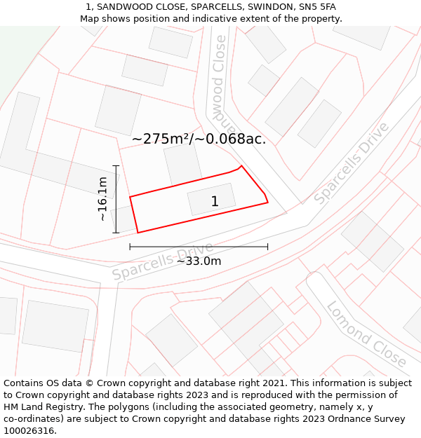 1, SANDWOOD CLOSE, SPARCELLS, SWINDON, SN5 5FA: Plot and title map