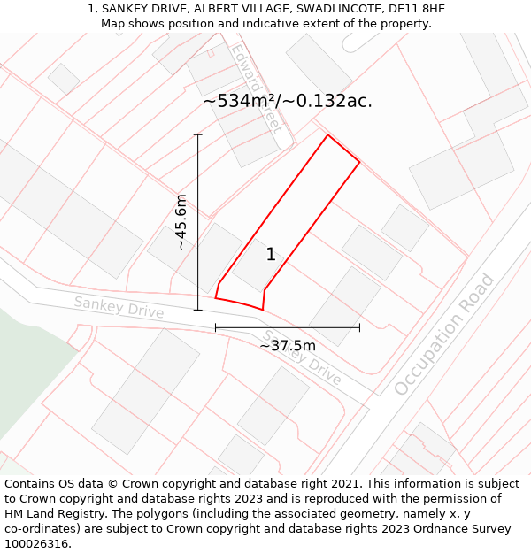 1, SANKEY DRIVE, ALBERT VILLAGE, SWADLINCOTE, DE11 8HE: Plot and title map