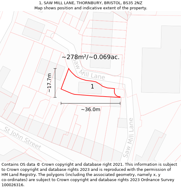 1, SAW MILL LANE, THORNBURY, BRISTOL, BS35 2NZ: Plot and title map